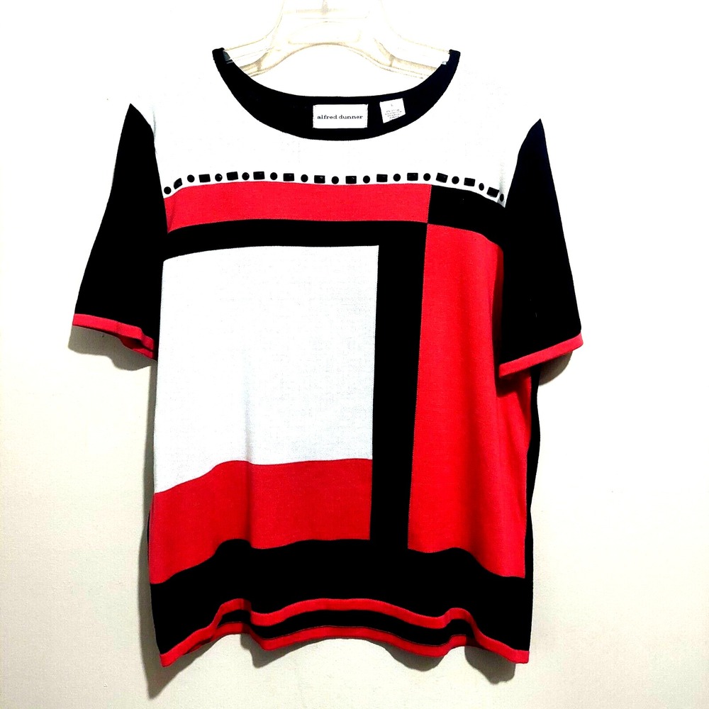 Alfred Dunner Womens Large Short Sleeve Sweater Beaded Round Neck Colorblock